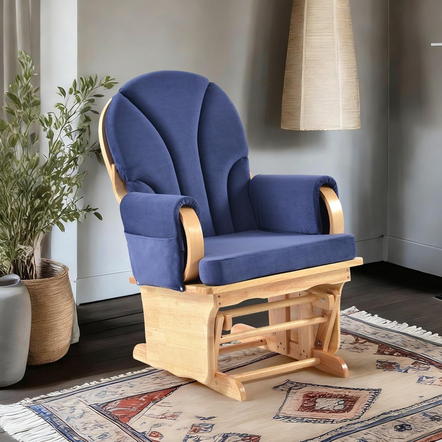 Rubber Wood Gliding Rocking Chair for Nursery, Rocking Chair Glider Rocker with Arm Rest, Padded Cushion for Living Room Bedroom Reading Room, 280lbs Weight Capacity, Blue