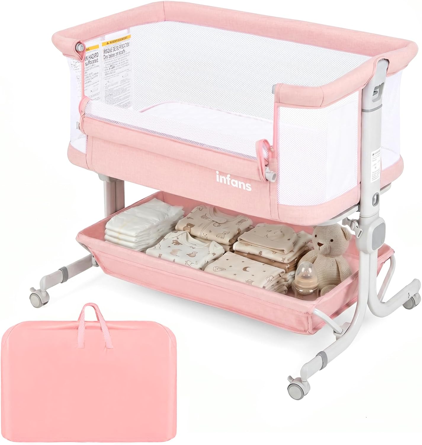 INFANS 3 in 1 Baby Bassinet, Bedside Sleeper with Comfy Mattress, Wheels, 6 Height Adjustable, Storage Basket, Travel Bag, Portable All Mesh Crib for Newborn Infant (Dark Grey)