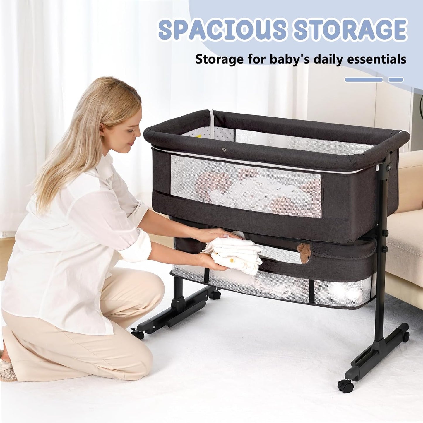 Semphis Baby Bassinet, 3 in 1 Bassinets Bedside Sleeper, Adjustable Height Bedside Sleeper with Rocking Mode, Breathable Mesh, Storage Basket, Wheels, Easy Assemble & Folding (Gray)