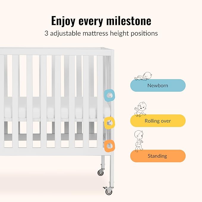 Dream On Me Jett Mini Folding Baby Crib in White, GreenGuard Gold & BSA, Lightweight & Portable, Patented Flat Folding System for Small Spaces & Travel, 1.5” Mattress Pad, 3 Heights, Safe Wheels