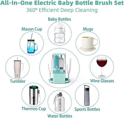 Electric Bottle Brush Cleaner, Portable & Rechargeable Electric Baby Bottle Brush Travel Kit– Nipple & Baby Straw Cleaner Brush,UV sterilized for Moms (Green)
