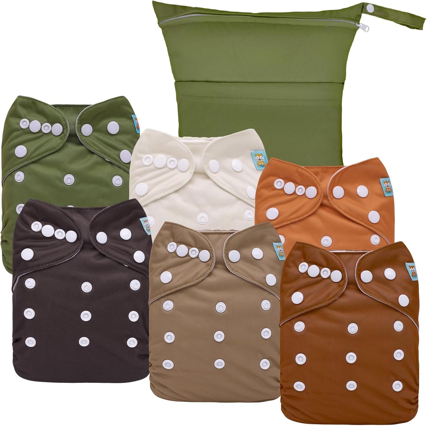 ALVABABY 6pcs Cloth Diaper Covers &1 Wet Dry Bag, Washable Reusable Cloth Nappy Shell for Prefold with Multi-Functional Bag, Flat or Fitted Diaper Inserts 6NKZ06