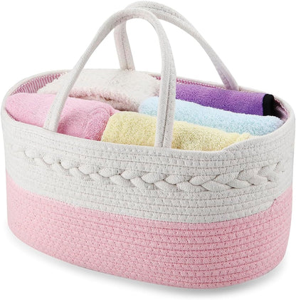 PandaEar Baby Diaper Caddy Organizer Cotton Rope Nursery Storage Basket Portable Car Organizer for Baby Shower Gifts Newborn Infants -Pink