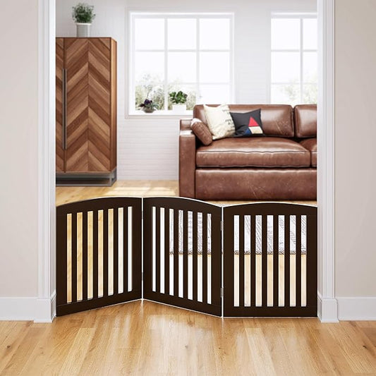 PAWLAND Wooden Freestanding Foldable Pet Gate for Dogs, 24 inch 3 Panels Step Over Fence, Dog Gate for The House, Doorway, Stairs, Extra Wide (Espresso, 24" Height-3 Panels)