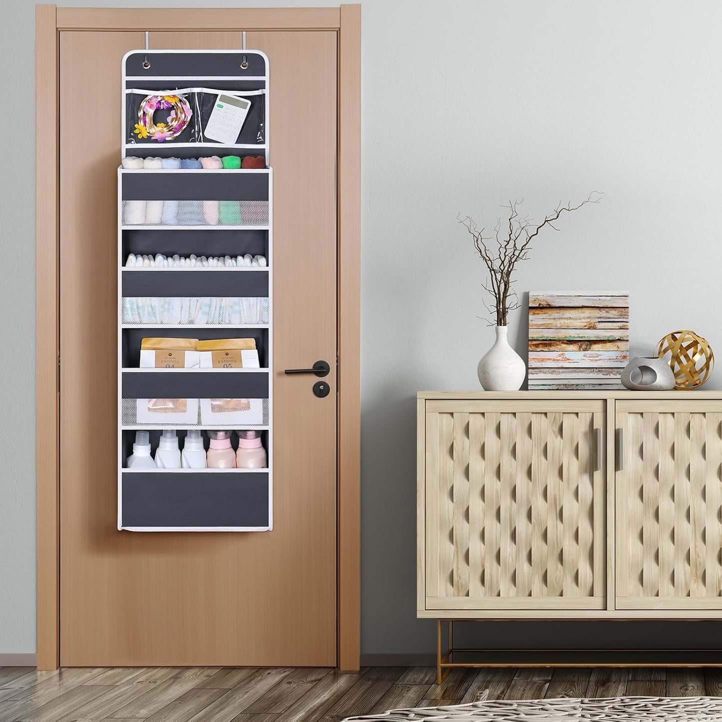 Univivi Over The Door Organizer, 5 Shelf Door Hanging Organizer Nursery Door Storage with 4 Large Compartments and 2 Small PVC Pockets 6 Side Pockets for Bathroom,Cosmetics and Nursery Baby Essential