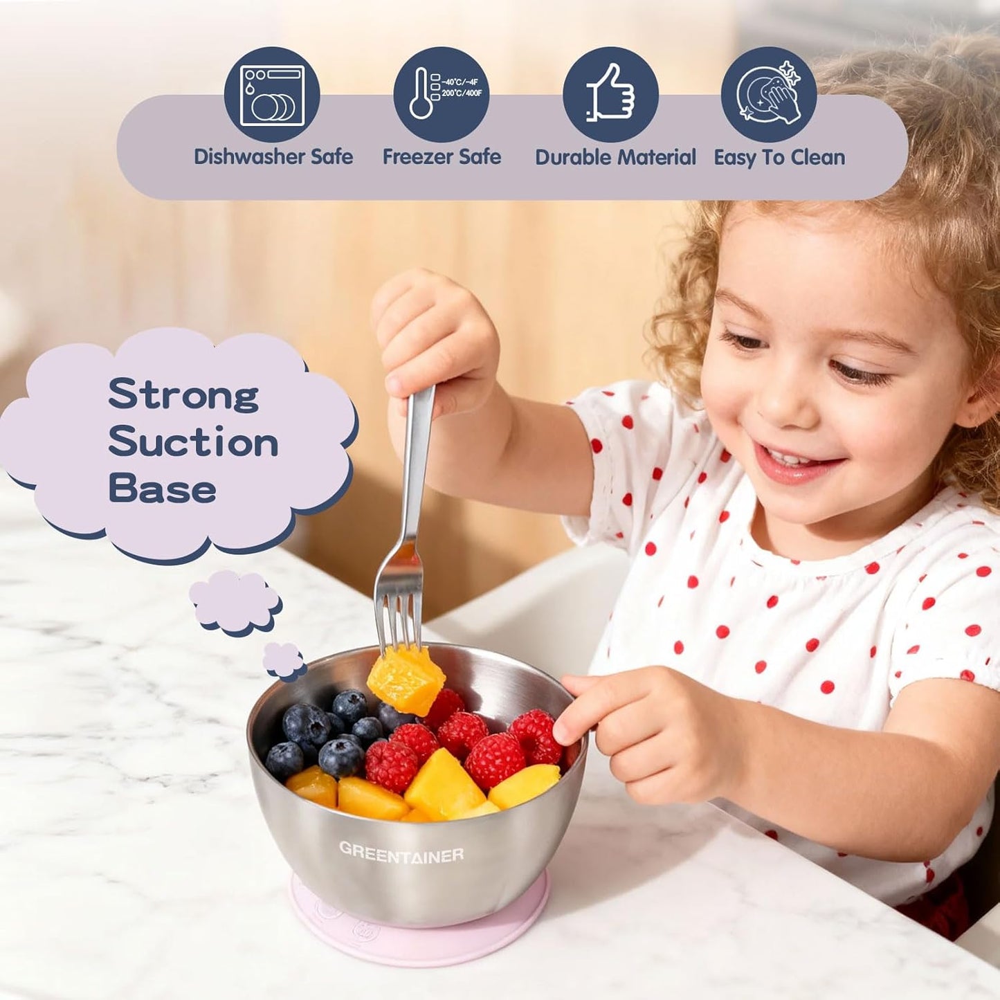 Greentainer Stainless Steel Baby Bowl Set of 3, Double Wall Insulated, Unbreakable Toddler Bowls with Removable Silicone Suction Base, Non-Slip, Dishwasher Safe, BPA-Free for Infants 6+ Months (Green)