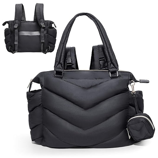 Diaper Bag Tote, Diaper Bag Backpack,Puffer Tote Bag with Pacifier Case, Lightweight Mommy for Hospital, Puffy with 10 Pockets, Convertible Baby for Travel, Black