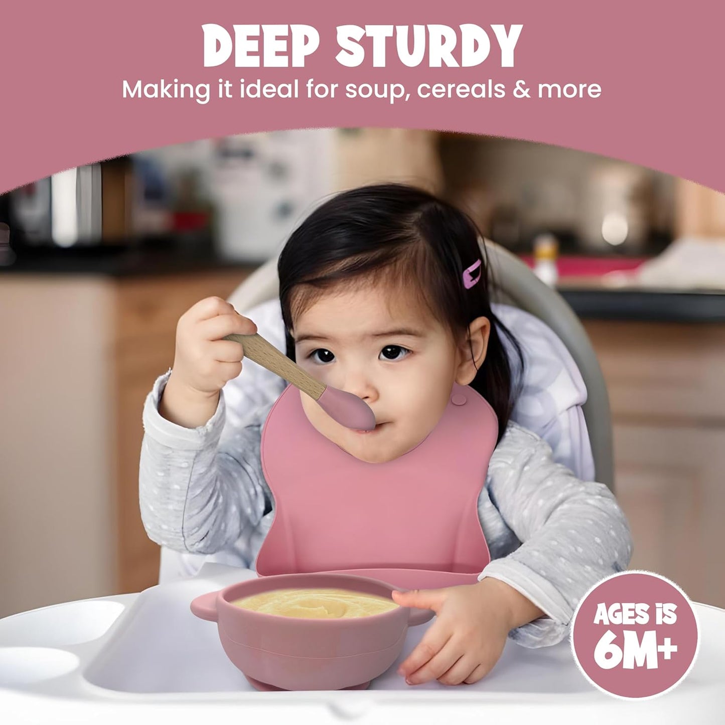 Baby Feeding Essentials, Baby Led Weaning Supplies, Silicone Baby Feeding Set, with Baby Spoon, Fork, Baby Bib, Sippy Cup, Suction Plate, Suction Bowl, Baby Eating Essentials, 6+ Months (Beige)