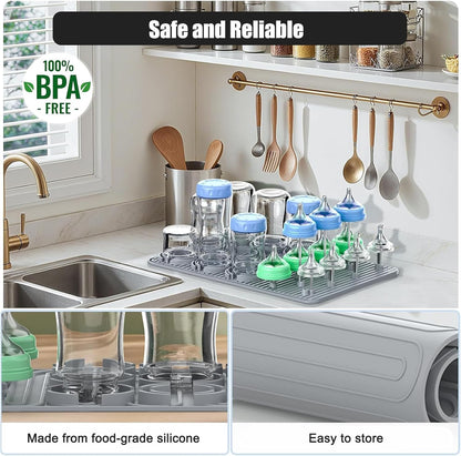 Baby Bottle Drying Rack, Electric Bottles Rack Dryer with Heating & Timer, Fast Dry Silicone Bottle Storage Organizer, Space Saving Kitchen Bottle Rack Dryer for Bottles and Pacifiers