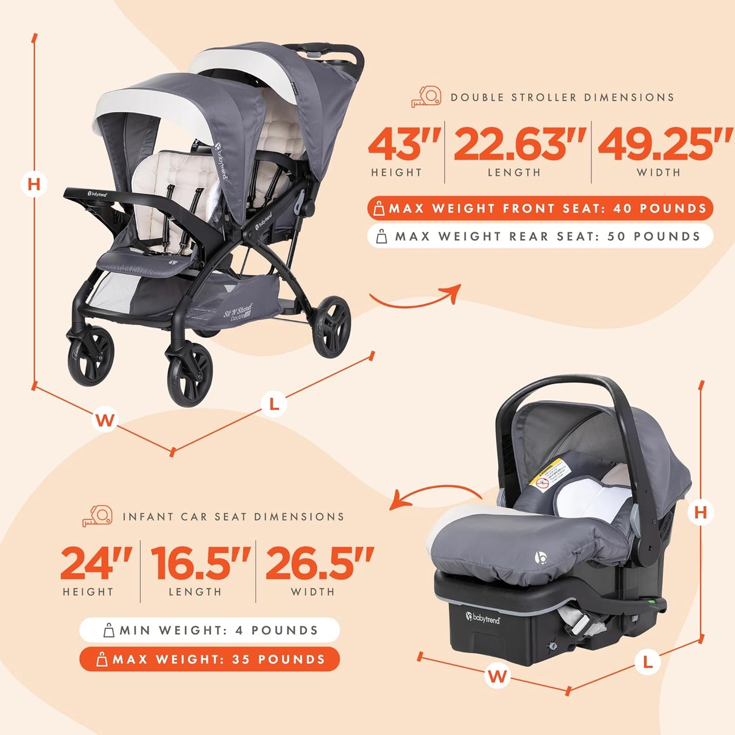 Baby Trend Sit N' Stand Tandem Double Stroller 2.0 DLX and EZ-Lift Plus Car Seat Set with 5 Point Safety Harnesses and Cozy Cover, Modern Khaki