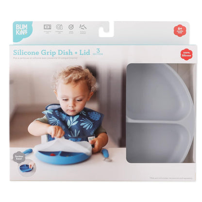 Bumkins Toddler and Baby Suction Plate, Divided Grip Dish for Babies and Kids, Baby Led Weaning, Feeding Supplies, Sticks to Tables and Highchairs, Platinum Silicone, for Chidren 6 Months, Gray