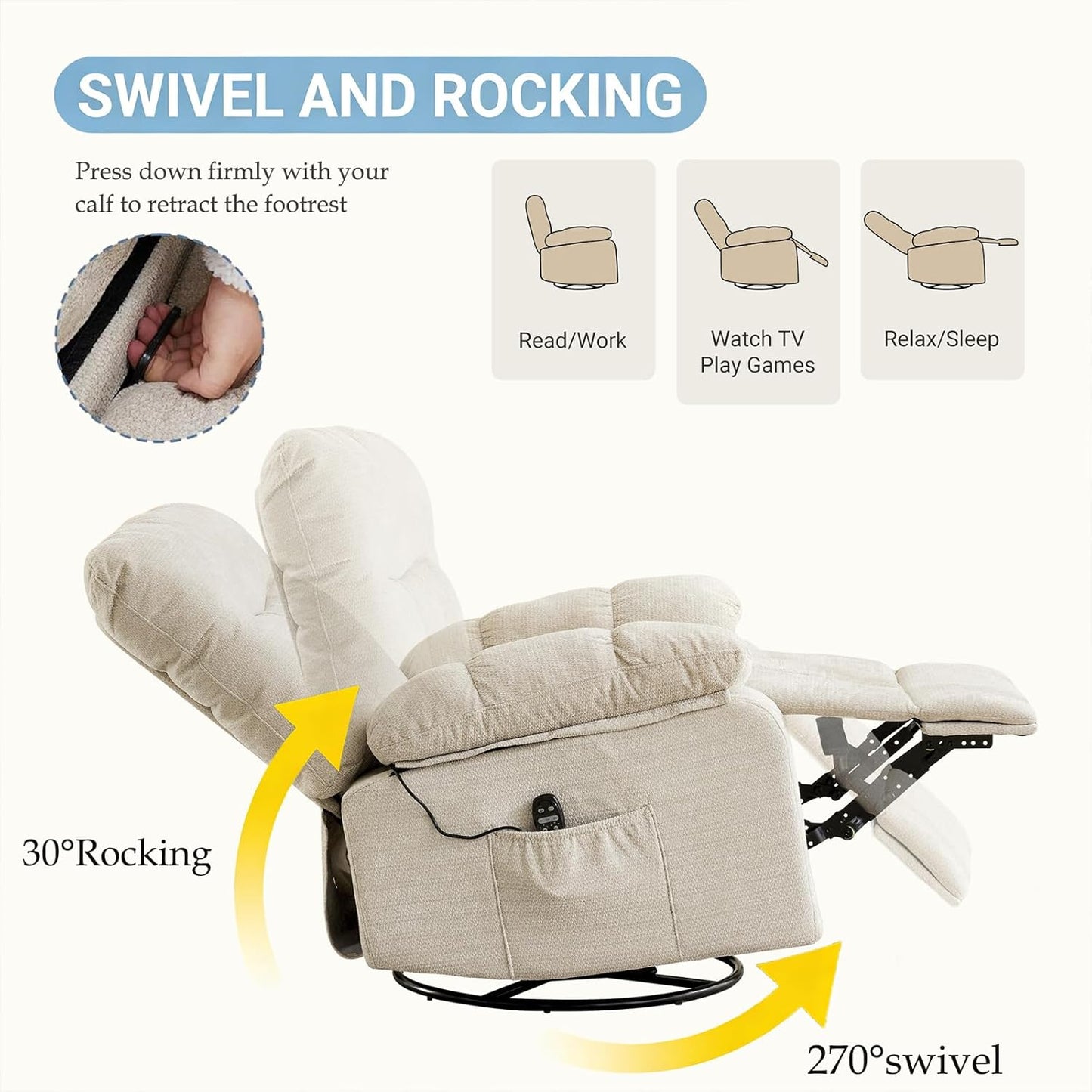 Power Lift Recliner Chair for Adult with Heated and Full Body Massage, Glider Nursery Chair with Cup Holder and USB Charge Port, Oversided Swivel Rocker Recliner for Living/Study/Bedroom Room, Grey