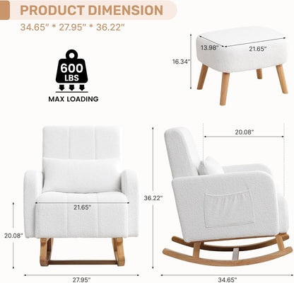 HCHAIRH Nursery Rocking Chair with Ottoman, Upholstered Glider Rocker with High Backrest Side Pocket, Rocking Accent Armchair with Solid Wood Legs for Nursery, Living Room, Bedroom, Light Grey