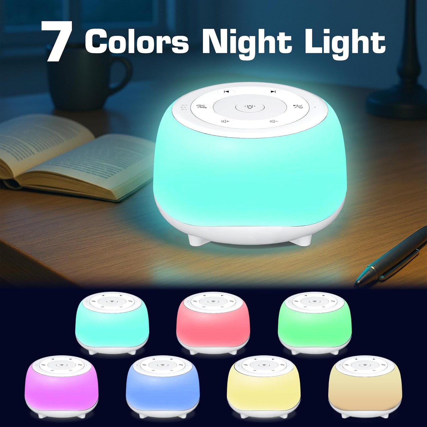 HEYAXA White Noise Sound Machine with 7 Colors Night Light 34 Soothing Sounds, Portable Sound Machine for Baby Adults Kids Sleep with 30 Volume Levels 4 Timers Adjustable Brightness (Wood Grain)