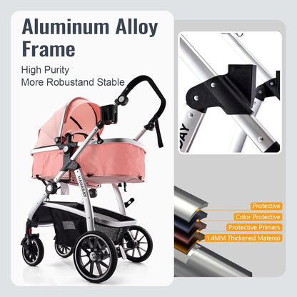 Baby Stroller, 2-in-1 Reversible Toddler Seat with Lie-Flat Mode, Foldable Infant Stroller with Canopy, One Button Brake, Adjustable Handle, Newborn Pushchair (Black B)
