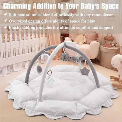 5-in-1 Plush Baby Play Gym, Activity Mat with Convertible Gym, Baby Gym 6 Sensory Toys, Play Center for Newborn to Toddler, Grey