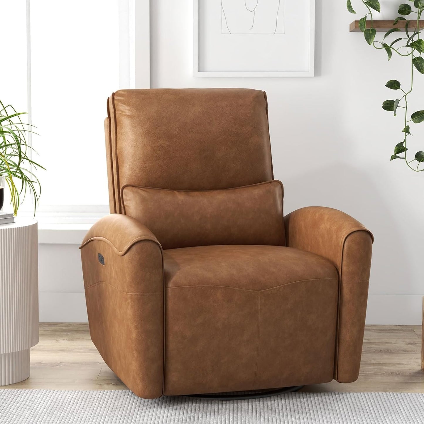 Bonzy Home Power Swivel Rocker Recliner Chair with USB Port, 23.2" Wide Seat, Fixed Lumbar Support, Upholstered Glider Chair for Nursery Living Room, Brown