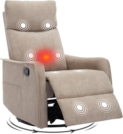 Trustyue Swivel Rocker Recliner Chair, 360° Swivel Recliner with Heat and Massage, Rocker Recliner Nursery Glider Chair with Side Pockets for Living Room (Beige, Fabric)