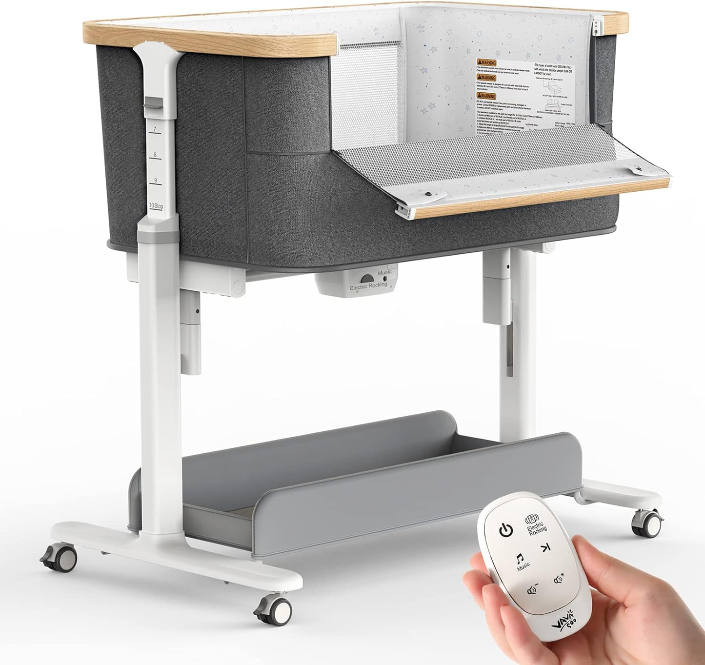 VaVaSoo Electric Rocking Bassinet for Baby Automatic Bedside Sleeper Rocks Itself 3 Speeds Auto Rolling Newborn Cradle 5 Height Adjustable with Music, Wheels, Storage, Dark Grey