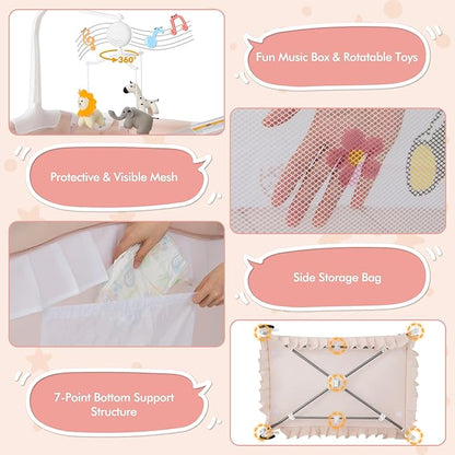 BABY JOY 4 in 1 Pack and Play with Canopy, Portable Baby Playard with Bassinet, Double-Layer Baby Crib, Wheels & Brake, Foldable Baby Girl Pink Bassinet from Newborn to Toddler
