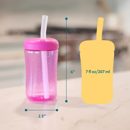 The First Years Squeeze & Sip Toddler Straw Cups - Squeezable Transition Sippy Cup with Silicone Straw - Toddler Feeding Supplies - 7 Oz - 3 Count - Ages 6 Months and Up