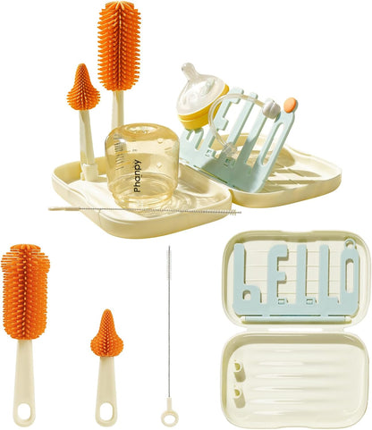 Phanpy Traveling Bottle Brush Set Portable Baby Bottle Cleaner Kit with Silicone Brush, Nipple Brush, Straw Brush, Drying Rack, Storage Box for Home and Travel