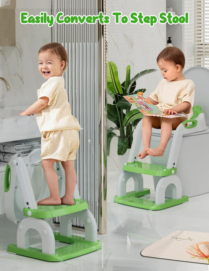 Potty Training Seat with Step Stool, Toddler Potty Training Toilet Seat with Non-Slip Step Splash Guard Safety Handles and Waterproof Cushion, 2 In 1 Toddler Potty Seat
