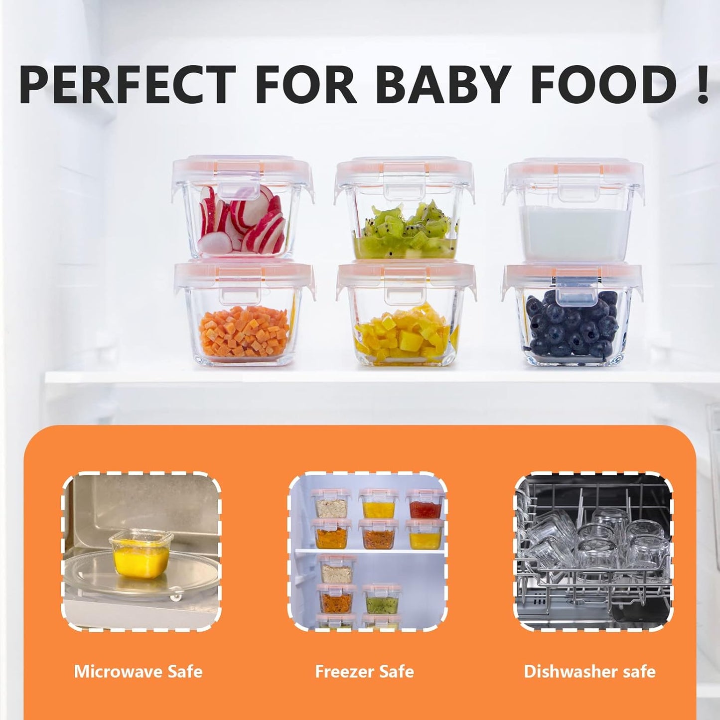 Luvan 7oz Glass Baby Food Containers, 12 Pack with Leakproof Lids, Stackable, Freezer Safe, Baby Bullet Containers for Fruit Purees and Vegetable Mashes