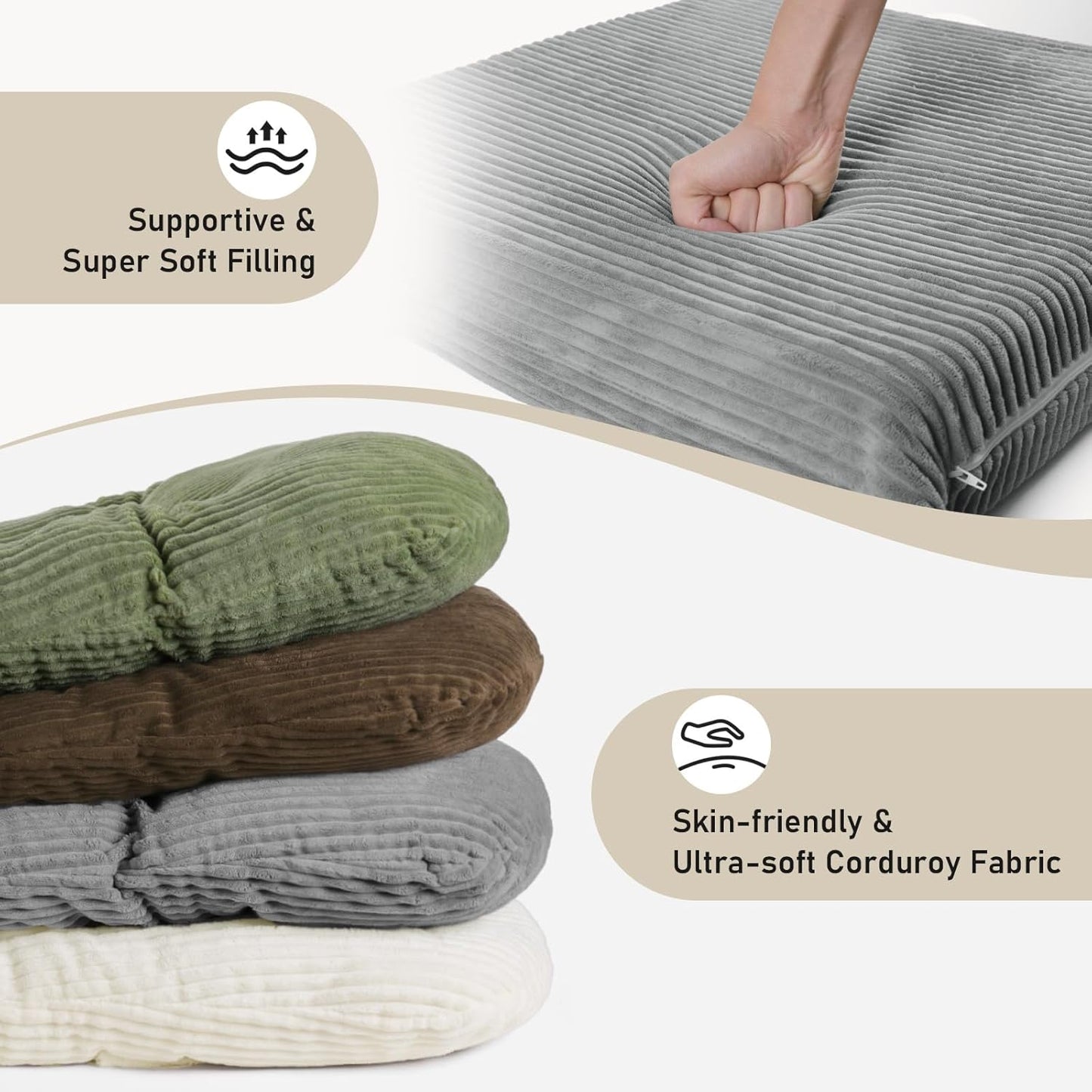 5PCS Glider Rocker Replacement Cushions with Storage Side Pockets, Thickened 3.5IN Seat & Supportive Striped Plush Rocking Chair Cushion Set with Ottoman Cover for Indoor Nursery, Beige