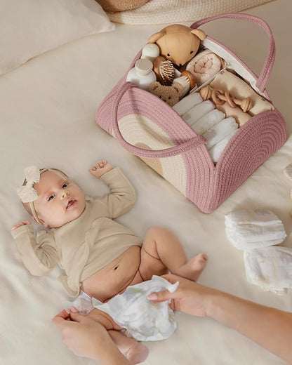 Blissful Diary Baby Diaper Caddy Organizer, Cotton Rope Diaper Caddy Basket, Large Storage Basket for Newborn Boys and Girls, Gift for Baby Shower List, Newborn Essentials, Blush Rainbow