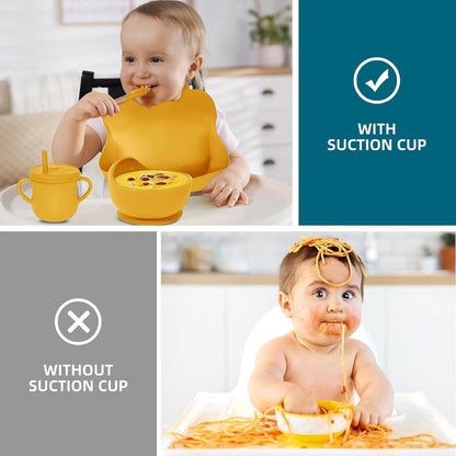 100% Silicone Baby Feeding Set, BPA Free Baby Dishes with Suction Bowl, Divided Plate, Toddler Self Feeding Dish Set with Spoons, Forks, Sippy Cup and Bib, Baby Eating Utensils (Navy Blue)