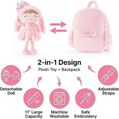 Gloveleya Toddler Backpack Plush Bag with Soft Pink Rabbit Doll Detachable Design 11inches Gift for Baby Girl 2+...