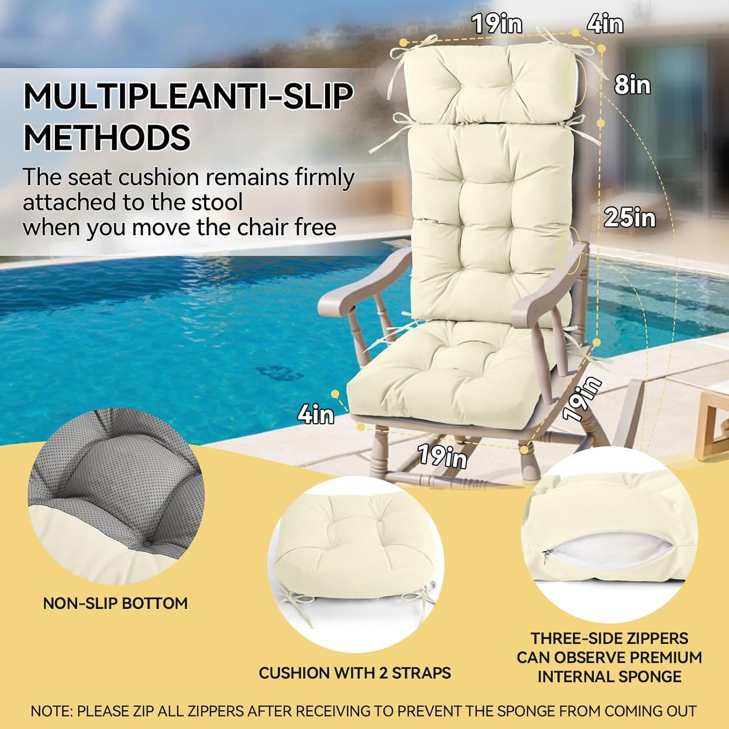 Millsilo Rocking Chair Cushions 3-Piece Set with Neck Pillow, Indoor Rocker Comfortable Tufted Non-Slip Pads with Ties, High-Density Foam Cushion for Adirondack Glider Chair, Orange, 52 x 19 x 4 Inch
