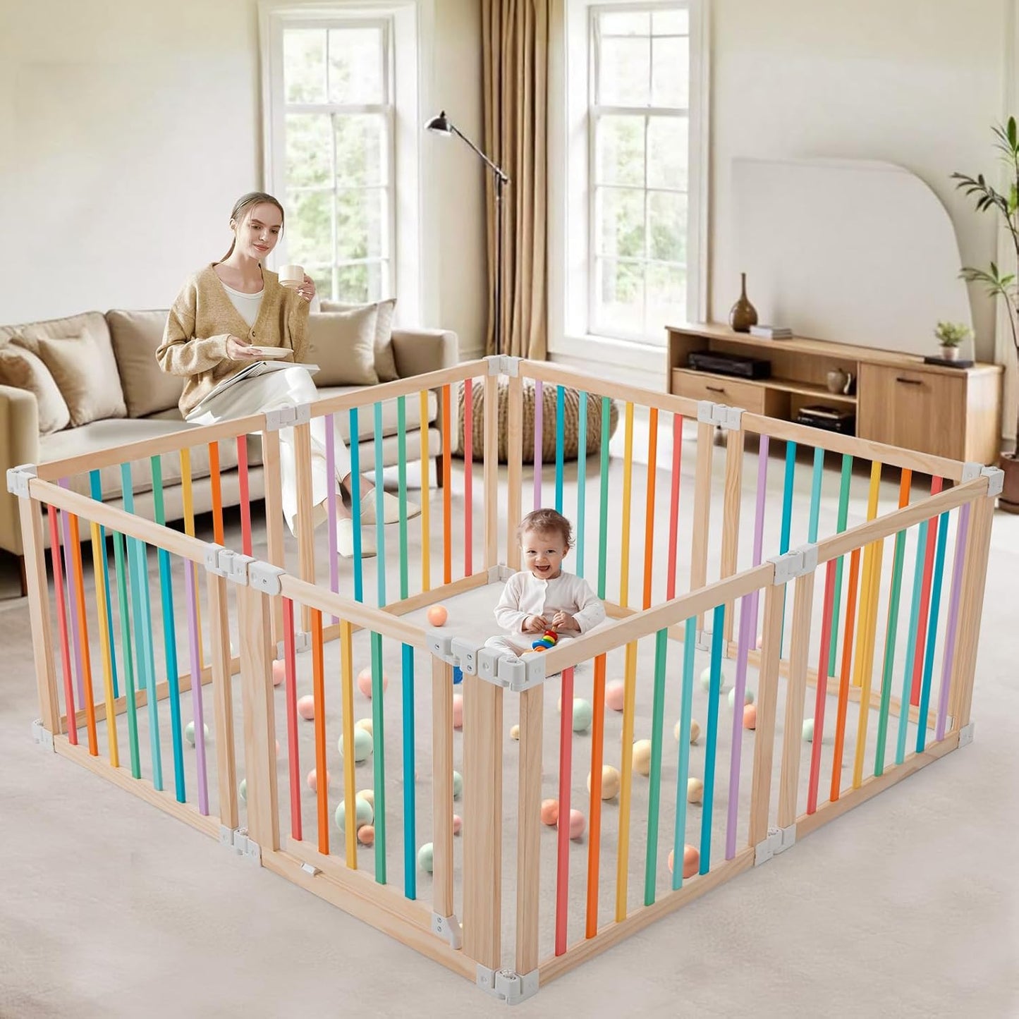 Foldable Wooden Playpen-51x51x25in-Large Baby Gate Playpen with Child-Proof Lock-Easy Assembly, Portable Design for Babies & Toddlers- Shape& Size Adjustable Baby Fence Play Area (Wood, 6 Panel)