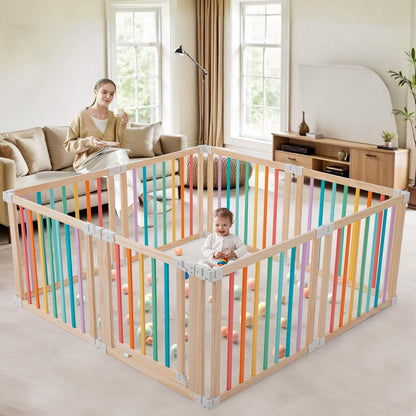 Foldable Wooden Playpen-51x51x25in-Large Baby Gate Playpen with Child-Proof Lock-Easy Assembly, Portable Design for Babies & Toddlers- Shape& Size Adjustable Baby Fence Play Area (Wood, 6 Panel)