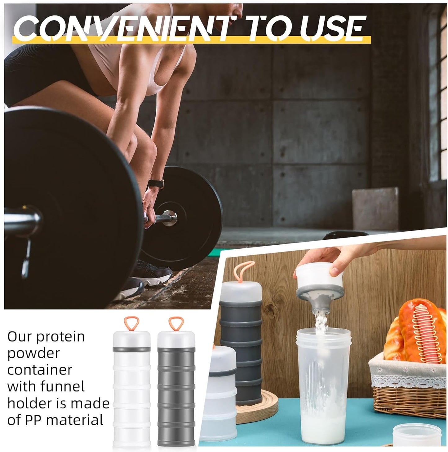 Baderke 4 Pcs Protein Powder Container 5 Layers Stackable Leakproof Container Powder Dispenser with Funnels Stand Keychain Flour Canister for Workout Fitness(Black, White, Blue, Pink)