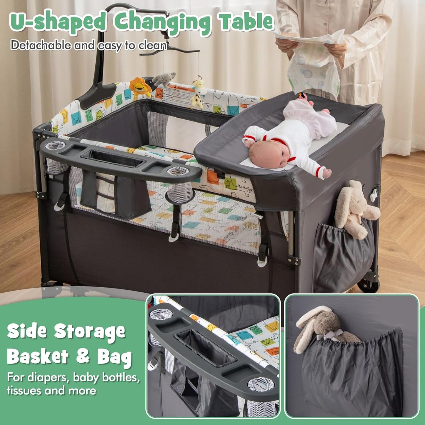 HONEY JOY Baby Bedside Sleeper, 6-in-1 Pack and Play w/Infant Bassinet, Diaper Changing Table & Portable Play Yard, 3 Adjustable Heights, Music Box & Side Storage Bag, Carry Bag(Black)