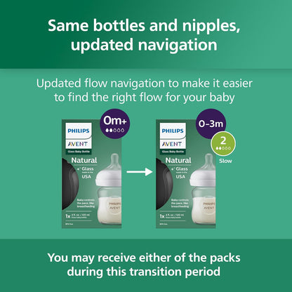 Philips Avent Natural Glass Baby Bottle with Natural Response Nipple (Slow Flow, Flow 2), 4oz, SCY910/01