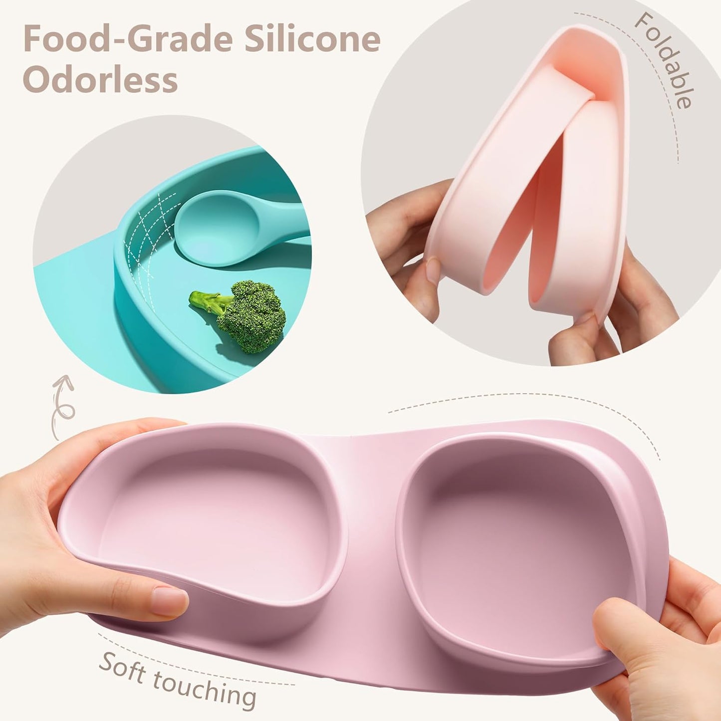 Baby Plates with Suction with Forks and Spoons, Foldable Silicone Toddler Plates, Baby Travel Essential, Microwave & Dishwasher Safe, Purple