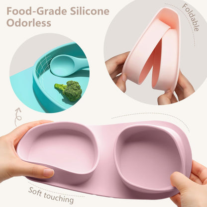 Baby Plates with Suction with Forks and Spoons, Foldable Silicone Toddler Plates, Baby Travel Essential, Microwave & Dishwasher Safe, Purple