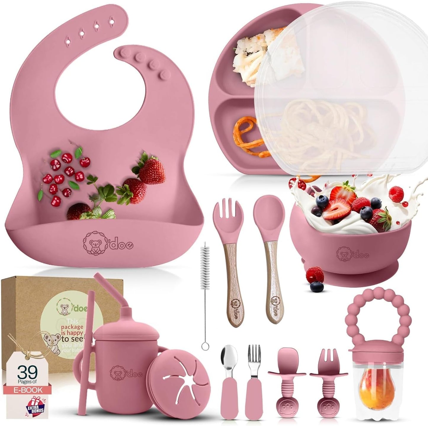 O'doe 17-Piece BPA-Free Silicone Baby Feeding Set | Thick & Soft Suction Plates, Baby Bowls, Wooden Fork & Spoon, and More | Make Mealtime Fun and Easy for Your Little One (Purple, V2)