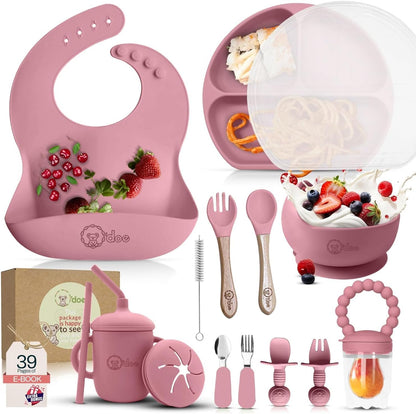 O'doe 17-Piece BPA-Free Silicone Baby Feeding Set | Thick & Soft Suction Plates, Baby Bowls, Wooden Fork & Spoon, and More | Make Mealtime Fun and Easy for Your Little One (Purple, V2)