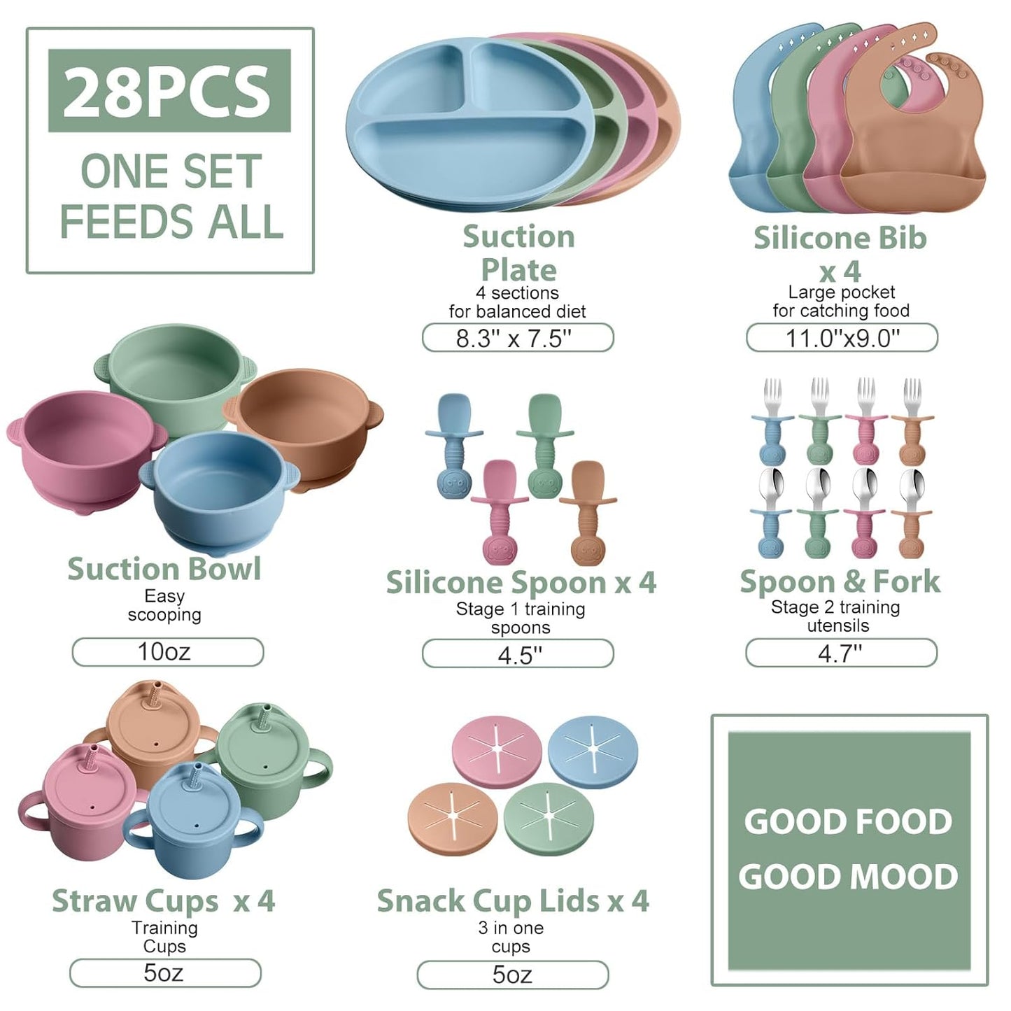 Yinder 32 Pack Silicone Baby Feeding Set Baby LED Weaning Supplies Includes Suction Divided Plates Soft Bowl Spoons Forks Adjustable Bib Snack Cup with Lid and Straws (Soft Color)