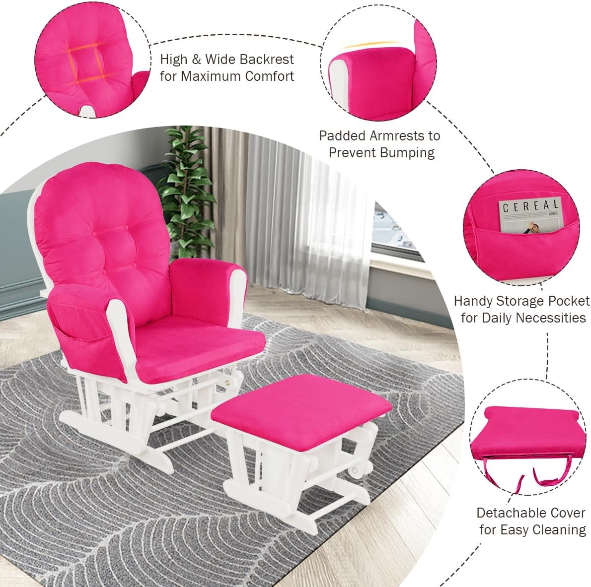 Costzon Nursery Glider with Ottoman, Upholstered Comfort Glider Rocker with Padded Cushion, Storage Pocket, Solid Wood Base, Rocking Chair Nursery for Breastfeeding, Napping (Light Gray)