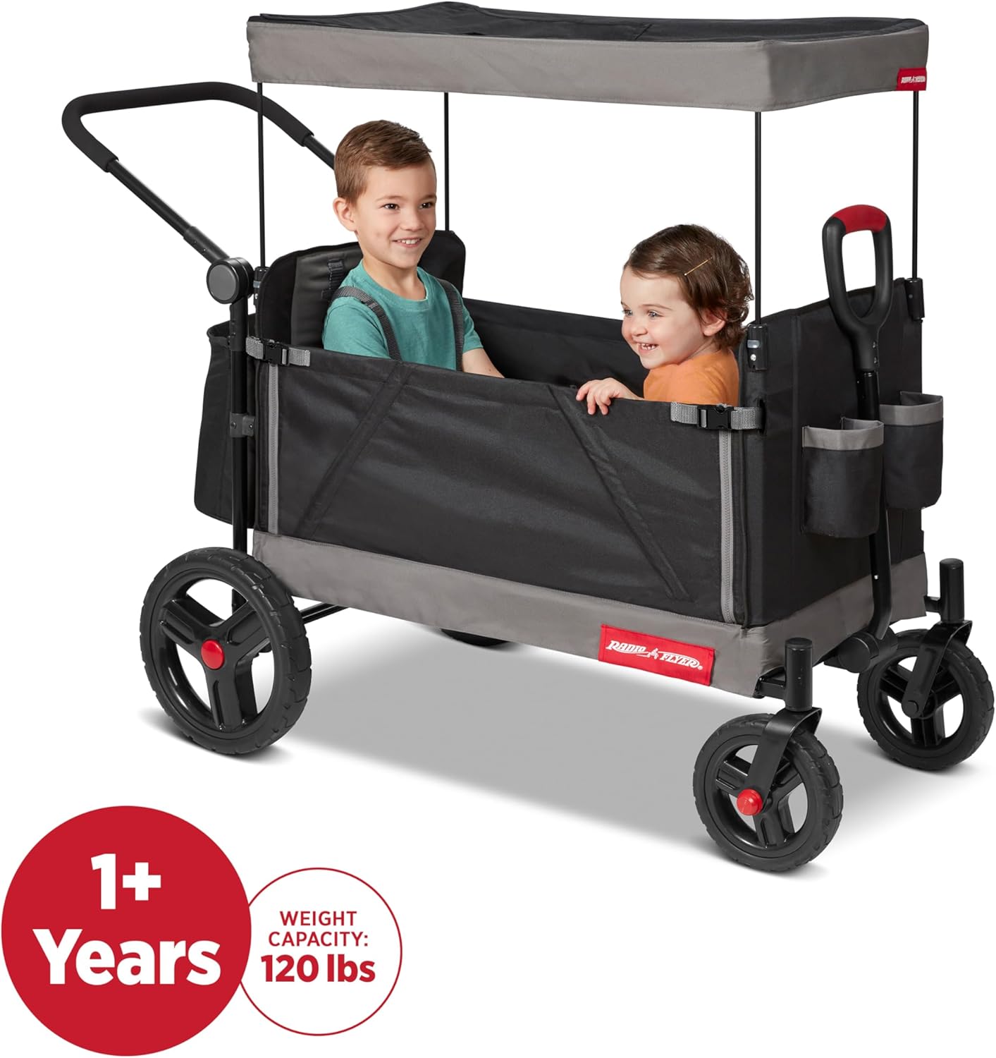 Radio Flyer City Luxe Stroll 'N Wagon, for Ages 1+, 3-in-1 Push or Pull, with Bench Mode, Easy Fold, UV Canopy, 5-Point Harnesses, Front Caster Wheels & 12" Rear Wheels, Stroller Wagon for Kids