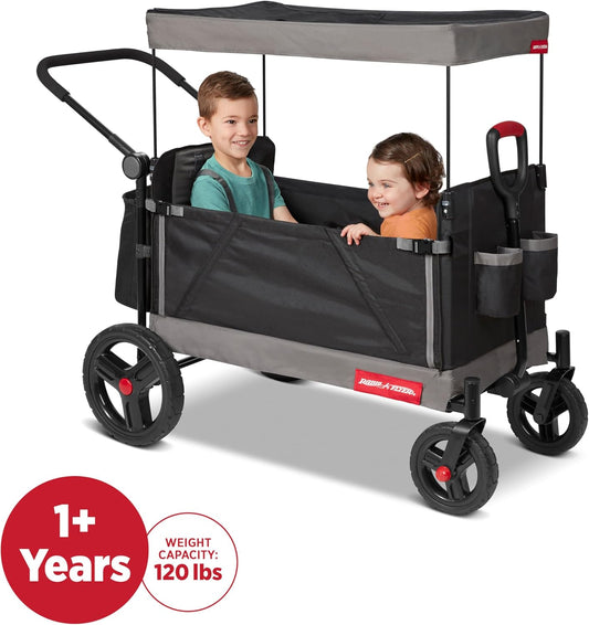 Radio Flyer City Luxe Stroll 'N Wagon, for Ages 1+, 3-in-1 Push or Pull, with Bench Mode, Easy Fold, UV Canopy, 5-Point Harnesses, Front Caster Wheels & 12" Rear Wheels, Stroller Wagon for Kids