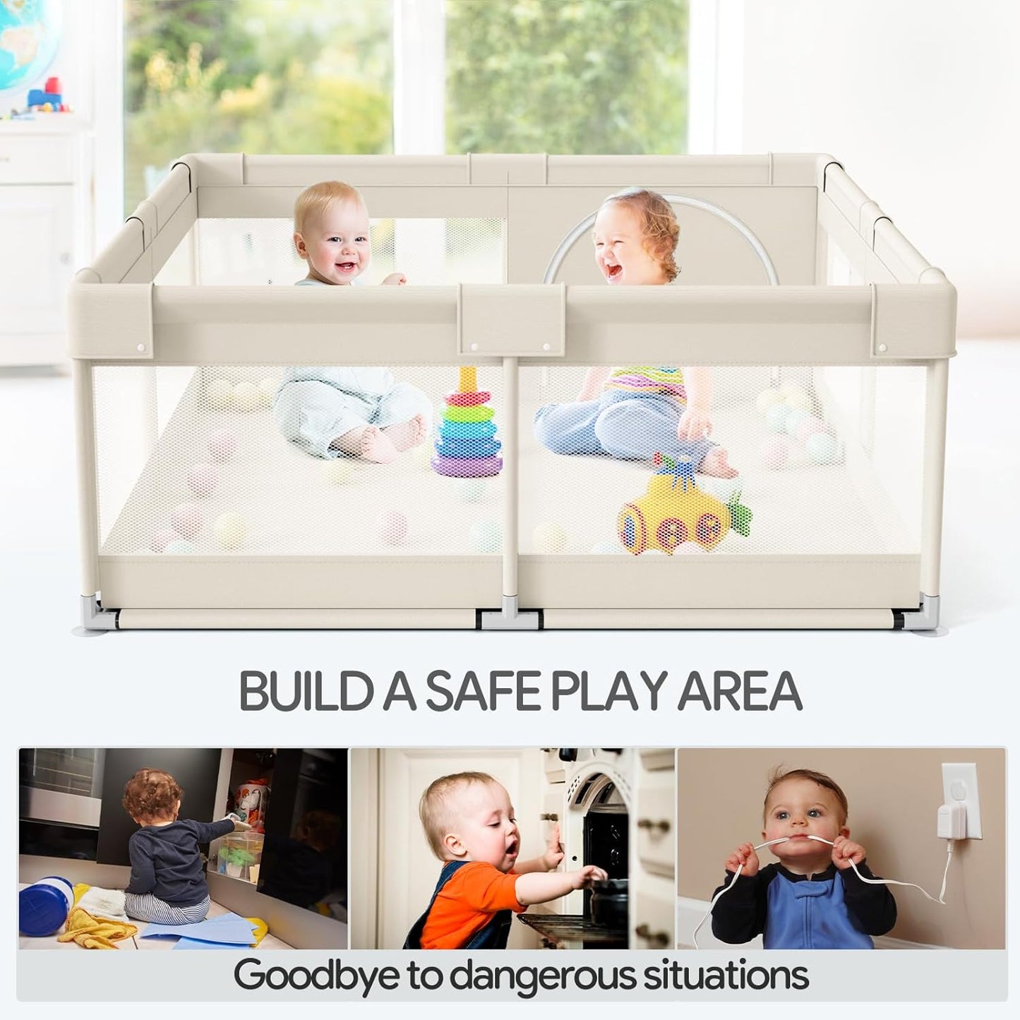 Fodoss Baby Playpen 50×50in, Small Play Pen for Babies and Toddlers, Playpen for Apartment, Play Yard, Activity Fence, Baby Playard with All-Side Mesh, Pull Rings