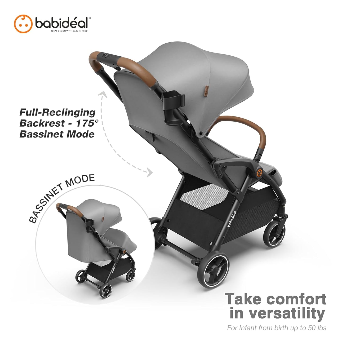 Babideal Lightweight Travel Stroller for Baby, Self-Folding Toddler Stroller with Large Canopy, Full-Reclining Seat, Cup Holder Included - Newborn to 50lbs. (Grey)