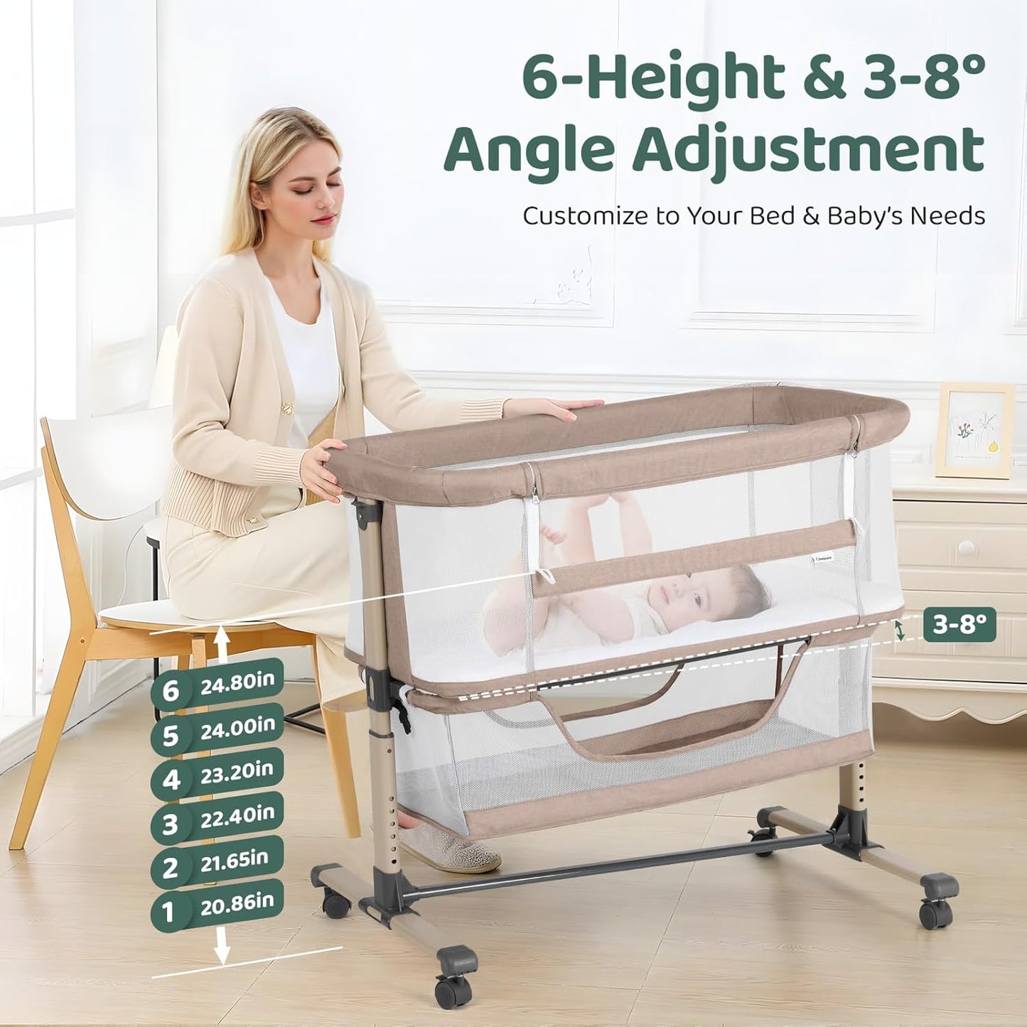Cowiewie Bassinet Bedside Sleeper, Portable, Breathable, Adjustable Baby Bedside Bassinet for Peaceful Nights, Light Grey
