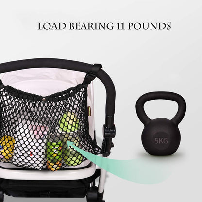Universal Baby Stroller Organizer Polyester Net Mesh Storage Bag with Extra Large Storage Space, Non-Slip and Adjustable Stroller Accessories for Carrying Diaper Toys and Snacks (Black)